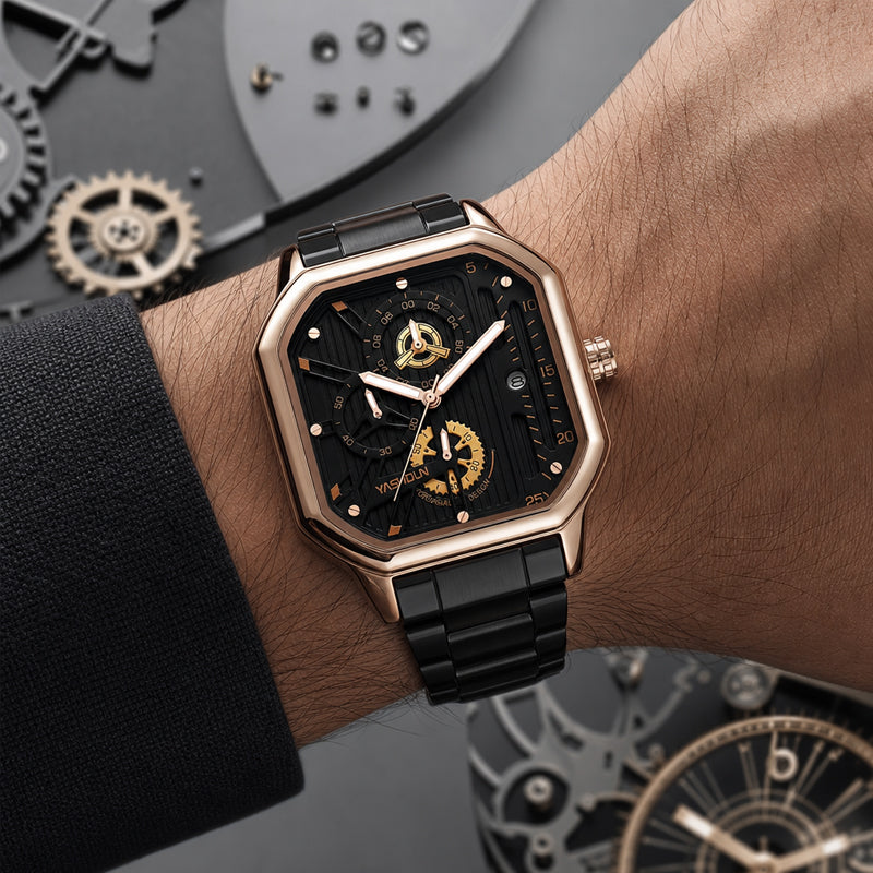YASHDUN YSD5061 Quartz Watch - Live Edition Men's Heavy Industrial 43mm Square-Octagonal Case Steampunk Mechanical Gear Illusion Dial Date Steel Link Bracelet Wristwatch