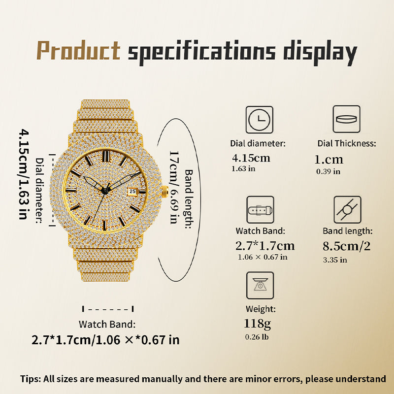 BELBI BELBL-8235 Live Edition Men's Iced Out Watch - Luxury Full Crystals Encrusted Round Case Gold Dial Date Window Stainless Steel Band Hiphop Wristwatch