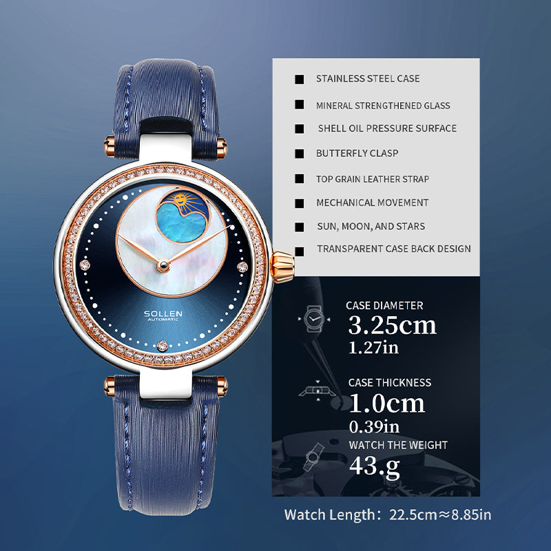 Sollen SL410 Women's Moon Phase Automatic Mechanical Watch - 32.5mm Crystal Bezel Mother of Pearl Dial Wristwatch