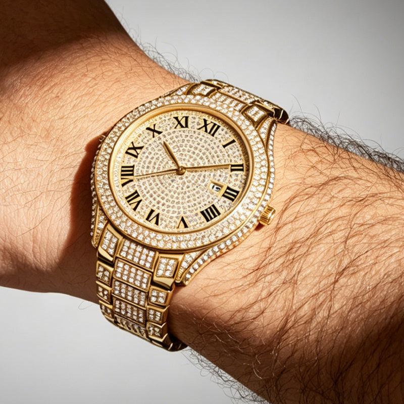 BELBI BELBL-8242 Live Edition Men's Iced Out Watch - Luxury Full Crystals Encrusted Roman Numerals Gold Dial Date Window Metal Band Hiphop Wristwatch