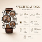 Oulm HP1167 Quartz Watch - Live Edition Men's Heavy Steampunk Triple Time Zone Industrial Silver Case Luminous Hands Leather Strap Tactical Wristwatch
