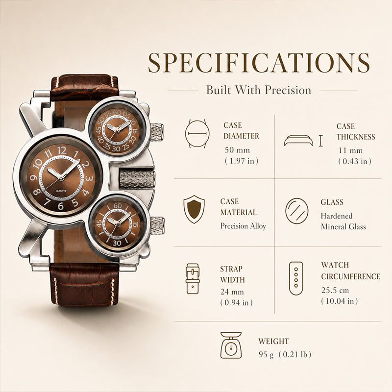 Oulm HP1167 Quartz Watch - Live Edition Men's Heavy Steampunk Triple Time Zone Industrial Silver Case Luminous Hands Leather Strap Tactical Wristwatch