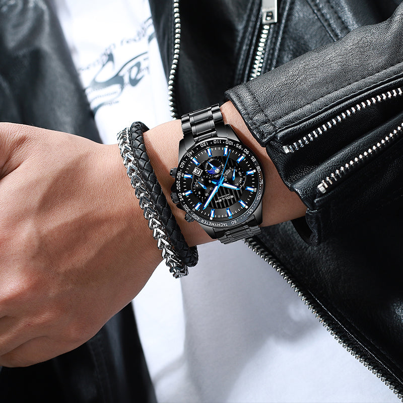 Sollen SL608 Automatic Watch - Men's Multi-Function Moonphase Stainless Steel 5-Bead Bracelet Wristwatch