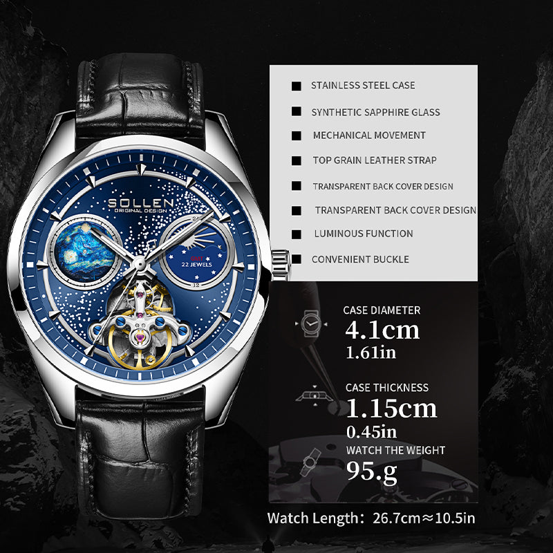 Sollen SL332 Men's Open Heart Automatic Mechanical Watch - 41mm Stainless Steel Case Sapphire Crystal Moon Phase Dual Time Leather Strap Wristwatch
