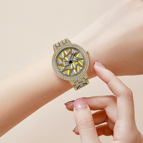 BELBI BELBL-9188 Live Edition Women's Fashion Watch - Luxury Full Crystals Encrusted Bezel Creative Geometric Prism Mosaic Dial Metal Band Wristwatch