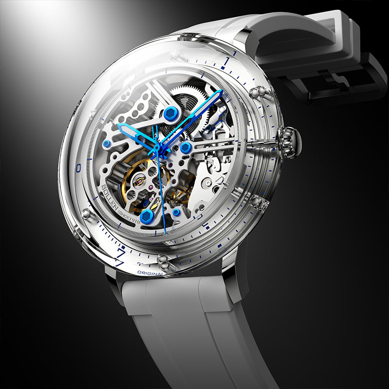 Sollen SL320 Men's Full Skeleton Automatic Mechanical Watch - 42mm K9 Glass Case Sandblasted Open Dial Fluororubber Strap Wristwatch