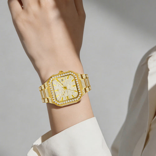 BELBI BELBL-8223 Live Edition Men's Iced Out Watch - Luxury Full Crystals Encrusted Octagonal Case Pave Dial Date Window Metal Band Hiphop Wristwatch