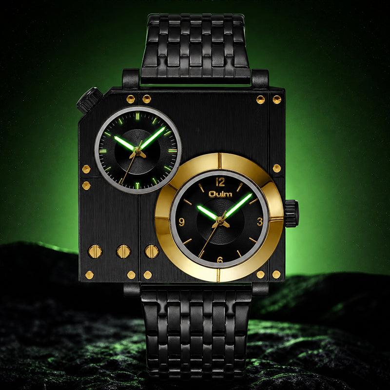 Oulm HT5024 Live Edition Men's Tactical Watch - Cyberpunk Multi Time Zone Dual Movement Rectangle Armor Case Metal Band Sport Wristwatch