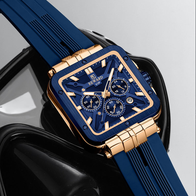 REWARD RD 833569M Quartz Watch - Live Edition Men's Luxury Bold Square Case Full Chronograph Luminous Hands Date Window Sport Silicone Strap Wristwatch