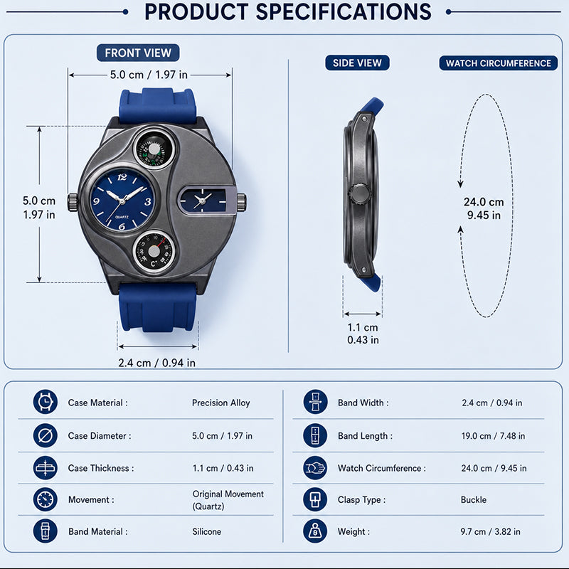 BOSME HP9167 Quartz Watch - Live Edition Men's Heavy Steampunk Dual Time Zone Industrial Black Case Luminous Hands Compass Silicone Strap Tactical Wristwatch