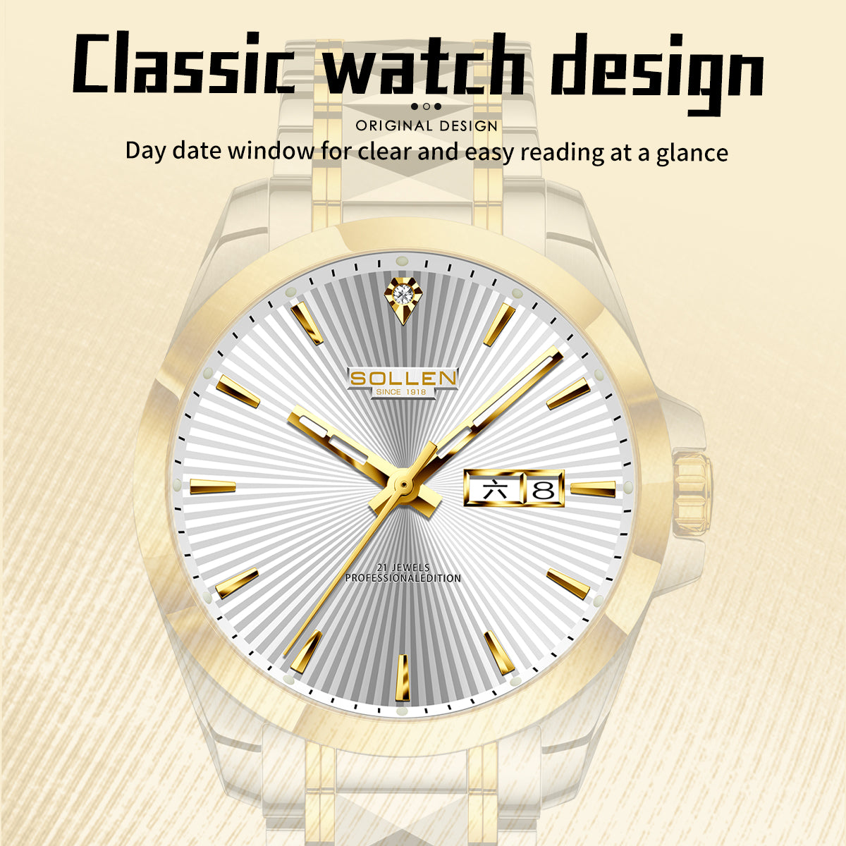 Sollen 9083 Automatic Watch - Men's Dress Citizen 8205 Sunburst Dial Day Date 7-Bead Steel Bracelet Wristwatch