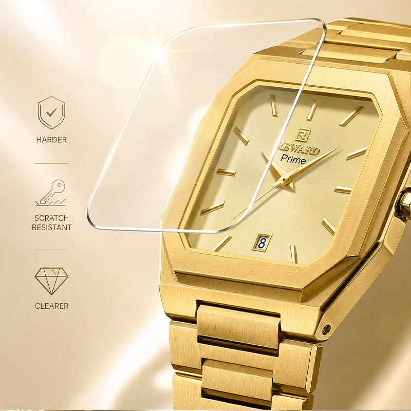 REWARD RD 613151M Quartz Watch - Live Edition Men's Retro Square Case Full IPG Gold Stainless Steel Band Ultra-Slim 8.5mm Body Luminous Hands 6H Date Sunburst Dial Wristwatch
