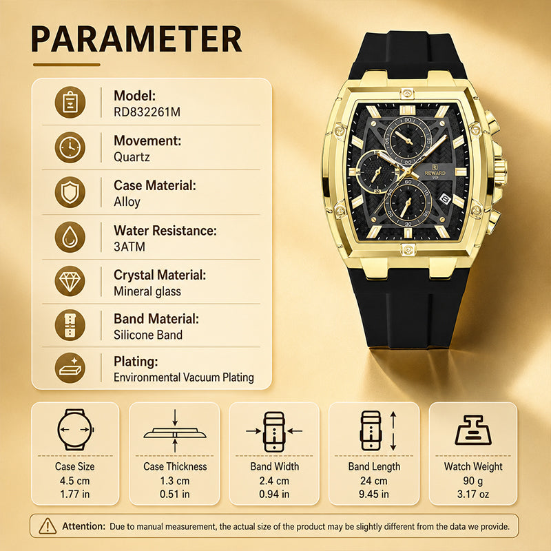 REWARD RD 832261M Live Edition Men's Luxury Sport Watch - Chronograph 6-Hand Multi Function Tonneau Armor Case Date Window Silicone Strap Wristwatch