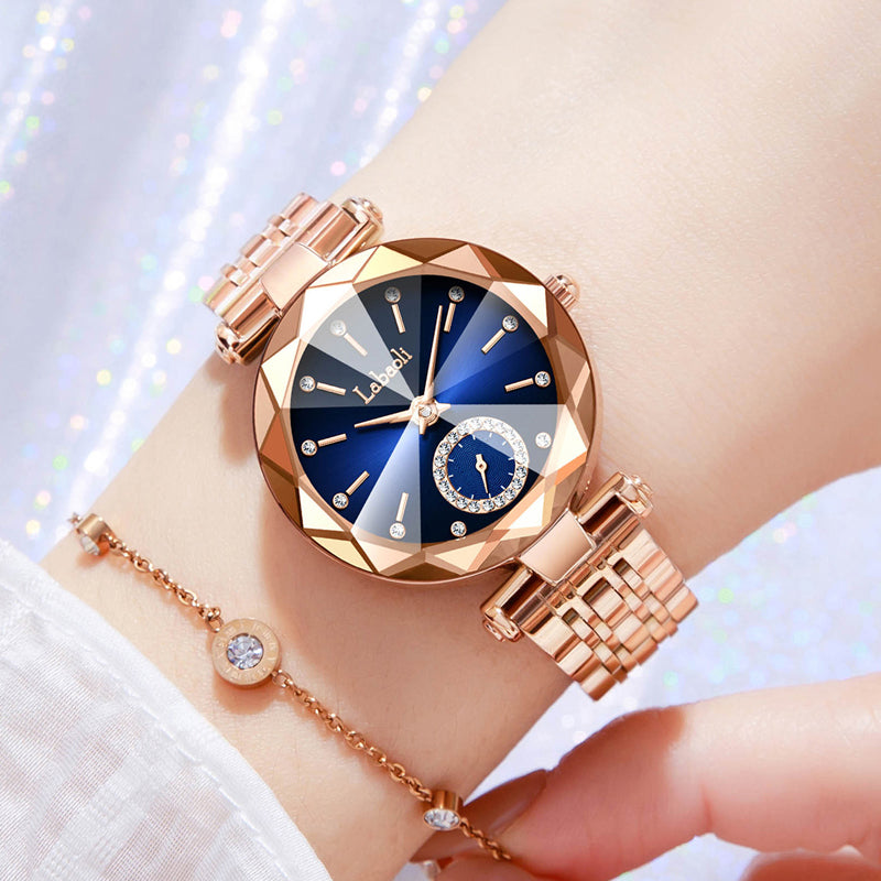 Labaoli LA729 Quartz Watch - Live Edition Women's Luxury Diamond-Cut Glass Crystal Faceted Dial Luminous Hands Crystal 6H Small Seconds Rose Gold Steel Link Bracelet Wristwatch