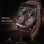 Oulm HP1140 Quartz Watch - Live Edition Men's Heavy Steampunk Dual Time Zone Industrial Black Case Luminous Hands Compass Wide Leather Strap Tactical Wristwatch