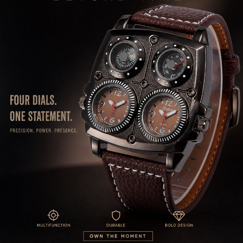Oulm HP1140 Quartz Watch - Live Edition Men's Heavy Steampunk Dual Time Zone Industrial Black Case Luminous Hands Compass Wide Leather Strap Tactical Wristwatch