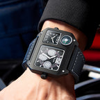Oulm HP9150 Quartz Watch - Live Edition Men's Heavy Steampunk Dual Time Zone Industrial Black Case Luminous Hands Compass Wide Leather Strap Tactical Wristwatch
