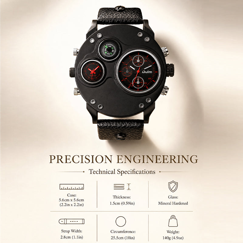 Oulm HP3741 Live Edition Men's Tactical Watch - Cyberpunk Multi Time Zone Dual Movement Oversized Round Armor Case with Built-in Compass Sport Wristwatch