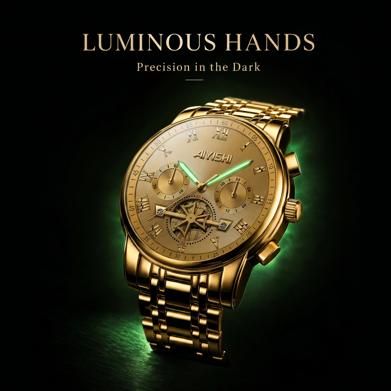 AIYISHI ASY2316 Quartz Watch - Live Edition Men's Luxury 41mm Flywheel Mechanical Style Face Luminous Hands Steel Link Bracelet Wristwatch