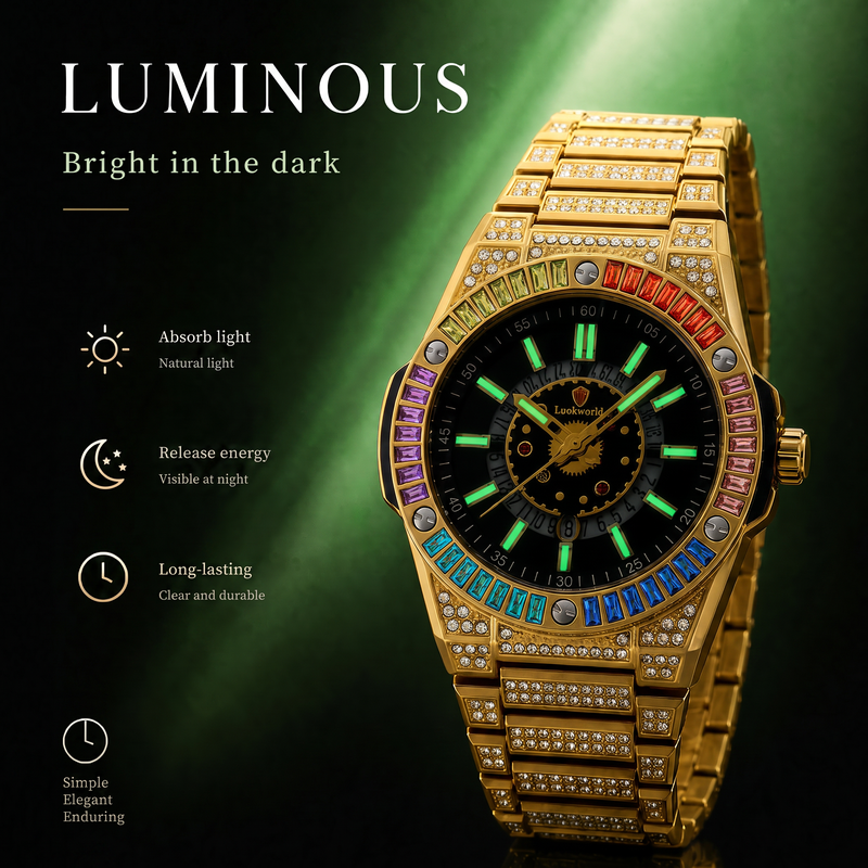RKS RKS1159 Live Edition Men's Iced Out Watch - Luxury Rainbow Baguette Crystal Bezel Pave Dial Luminous Hands 6H Date Metal Band Hiphop Wristwatch