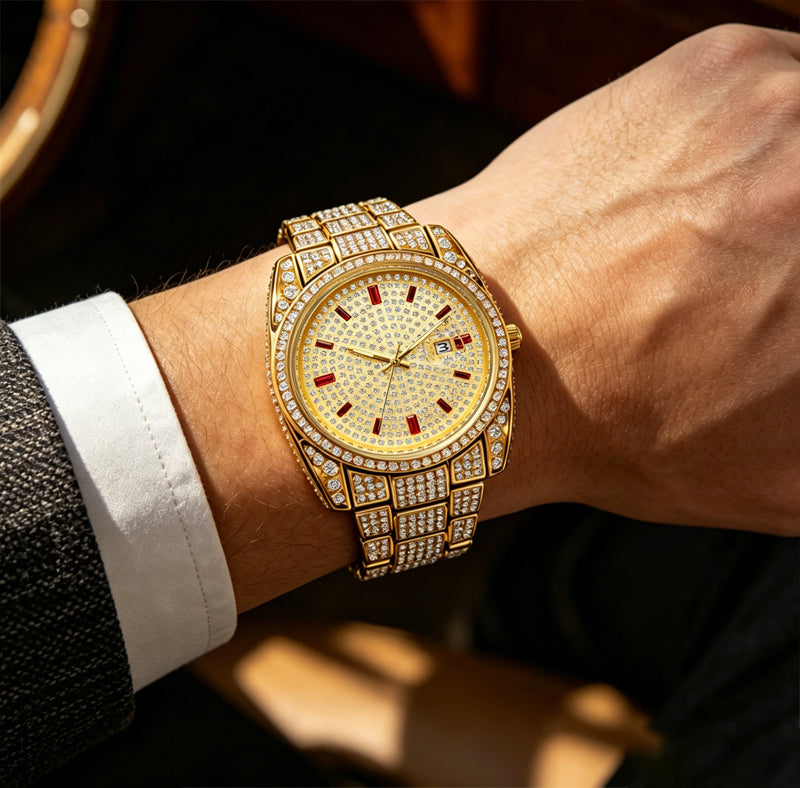 BELBI BELBL-8137 Live Edition Men's Iced Out Watch - Luxury Full Crystals Encrusted Round Case Pave Dial Ruby Red Indices 3H Date Metal Band Hiphop Wristwatch