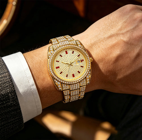 BELBI BELBL-8137 Live Edition Men's Iced Out Watch - Luxury Full Crystals Encrusted Round Case Pave Dial Ruby Red Indices 3H Date Metal Band Hiphop Wristwatch