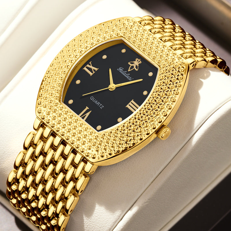 LX1023 Quartz Watch - Live Edition Unisex Luxury 41mm Tonneau Arched Bridge Glass Mirror Pavé Crystal Texture Gold Case Sunburst Dial Luminous Hands Steel Link Bracelet Wristwatch