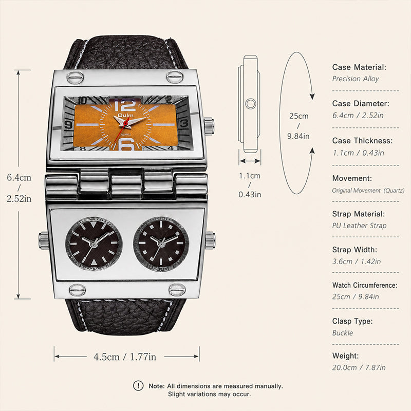 Oulm HP9525 Live Edition Men's Cyberpunk Watch - Tactical Multi Time Zone Triple Movement Steampunk Folding Case Wide Leather Strap Sport Wristwatch