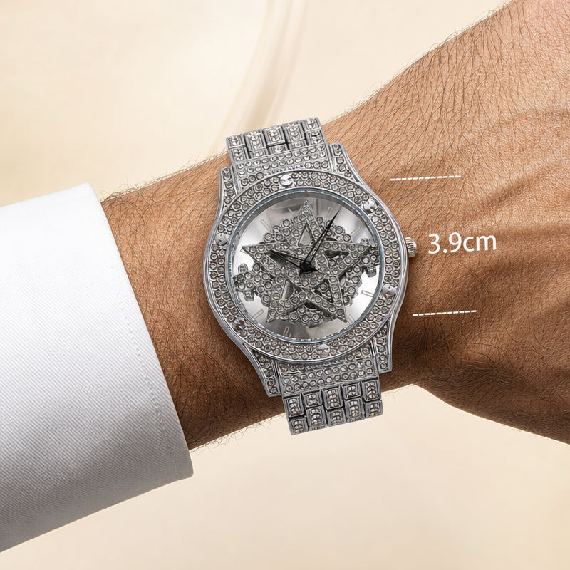 LOOK WORLD RKS245 Live Edition Men's Iced Out Watch - Luxury Full Crystals Encrusted Round Case Creative Spinning Star Dial Metal Band Hiphop Wristwatch