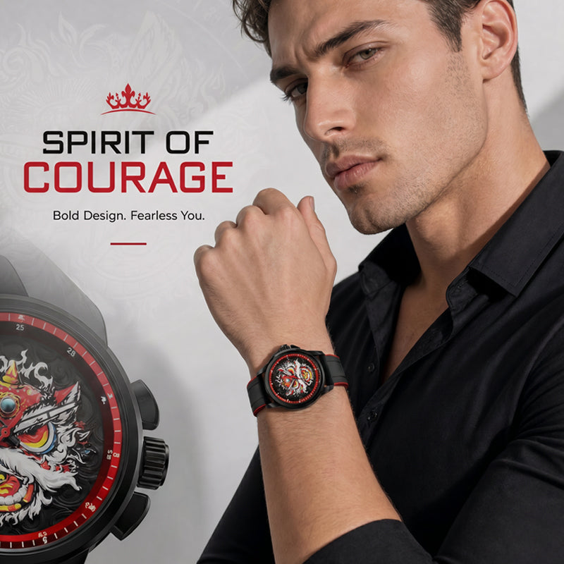 WLS6158 Quartz Watch - Live Edition Men's Streetwear 43mm Black Case Chinese Lion Dance Cultural Dial Luminous Facing Sport Silicone Elastic Woven Strap Wristwatch