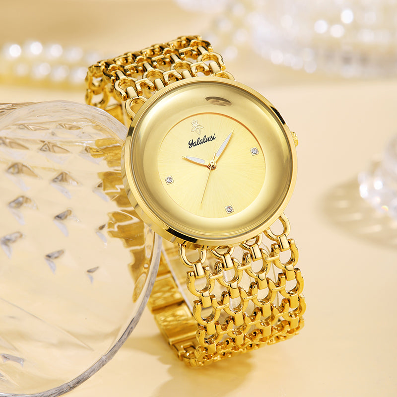 LX-1016 Quartz Watch - Live Edition Unisex Modern 40mm Ultra-Slim 8mm Case Faceted Cut Lens Full IPG Gold Plating Luxury 26mm Woven-Link Bracelet Timepiece