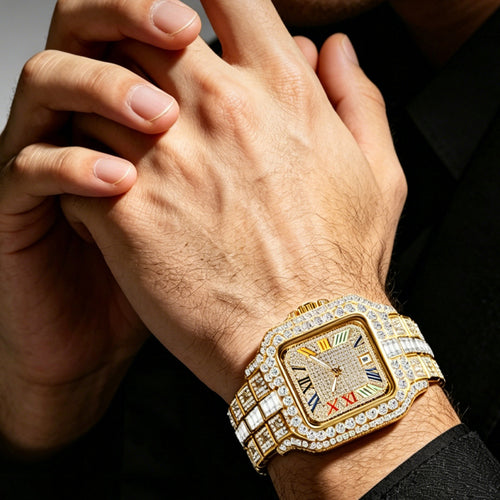 BELBI BELBL-8238 Live Edition Men's Iced Out Watch - Luxury Large Crystal Bezel Pave Dial Rainbow Roman Numerals 6H Date Metal Band Hiphop Wristwatch