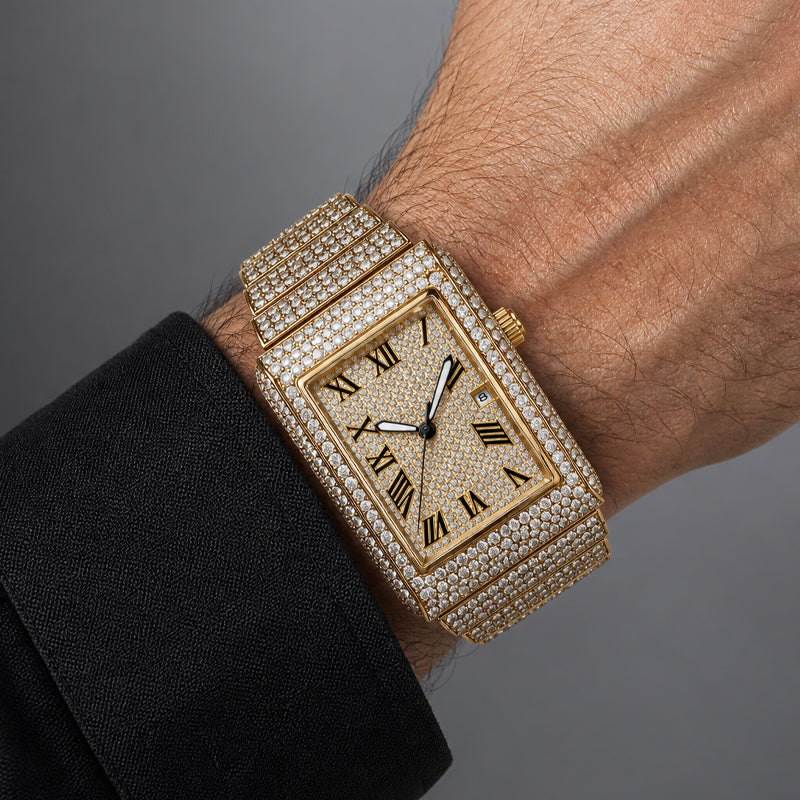KDW KDW8337G Quartz Watch - Live Edition Men's Luxury Heavy 54mm Full Iced-Out Crystal Pavé Square Case Roman Numeral Day-Date Fully Encrusted Wide Link Bracelet Wristwatch