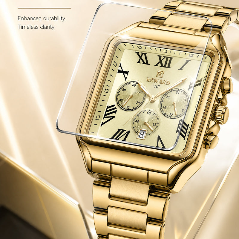 REWARD RD 812265M Quartz Watch - Live Edition Men's Luxury Square Case Full IPG Gold Roman Numerals Chronograph Luminous Hands Date Stainless Steel Band Wristwatch