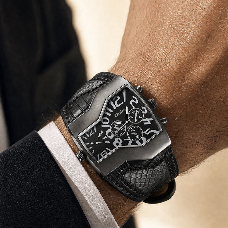 Oulm HP1220 Quartz Watch - Live Edition Men's Steampunk Dual Time Zone Asymmetrical IPB Black Case 44mm Wide PU Leather Cuff Band Wristwatch