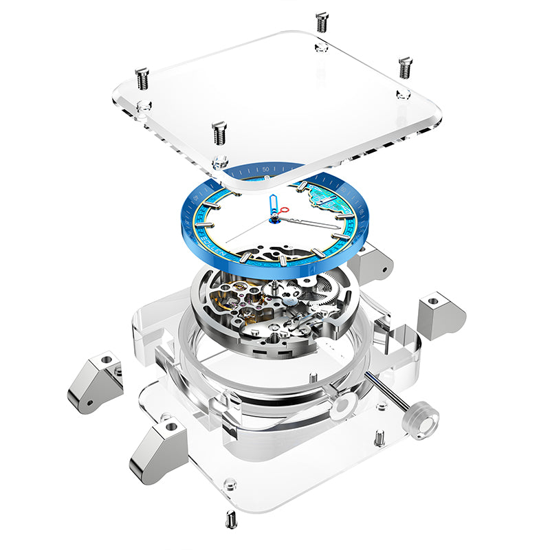 Sollen SL325 Men's Square Skeleton Automatic Mechanical Watch - 42mm Transparent K9 Crystal Case Open Heart Luminous Dial Liquid Silicone Strap Wristwatch