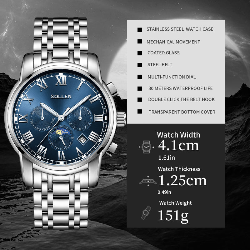 Sollen SL801 Chronograph Watch - Men's Multi-Function Moonphase Sunburst Dial 7-Bead Stainless Steel Bracelet Wristwatch
