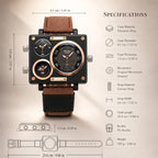 Oulm HP3595 Live Edition Men's Tactical Watch - Cyberpunk Multi Time Zone Triple Movement Rectangle Armor Case Wide Canvas Strap Sport Wristwatch
