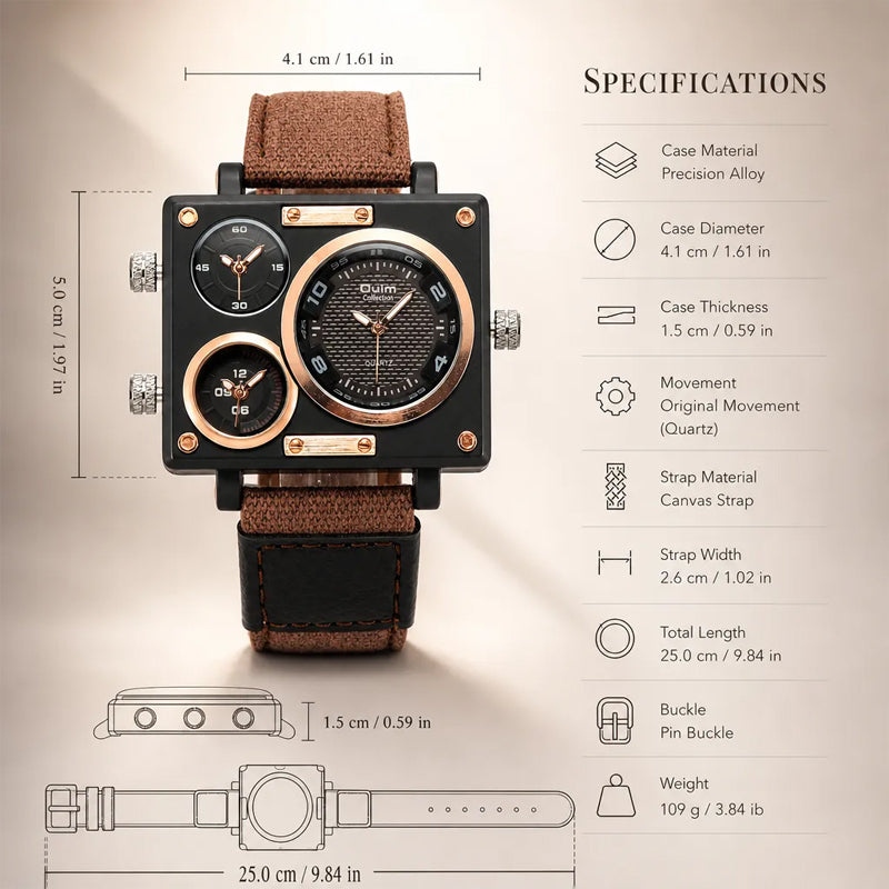 Oulm HP3595 Live Edition Men's Tactical Watch - Cyberpunk Multi Time Zone Triple Movement Rectangle Armor Case Wide Canvas Strap Sport Wristwatch