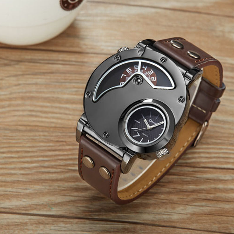Oulm HP9591 Quartz Watch - Live Edition Men's Heavy Steampunk Dual Time Zone Industrial Black Case Luminous Hands Wide Leather Strap Tactical Wristwatch