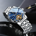 Sollen SL804 Multi-Function Watch - Men's Open-Heart Moonphase Sunburst Dial 7-Bead Stainless Steel Bracelet Wristwatch