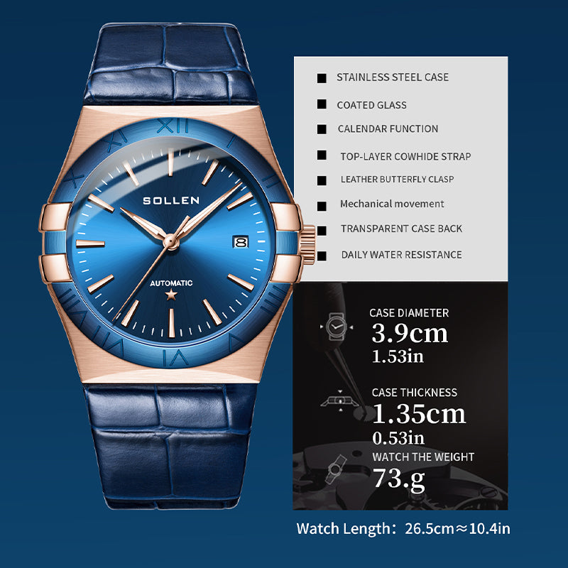 Sollen 9065 Automatic Watch - Men's Dress 12 Bar Marker Date Blue Sunray Dial Genuine Leather Strap Wristwatch