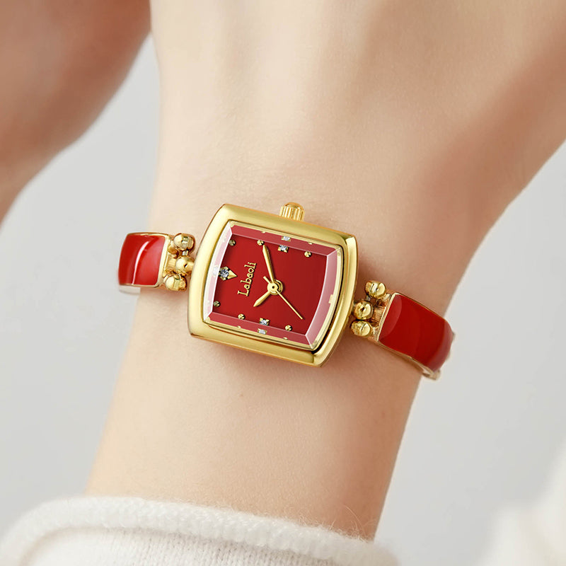 Labaoli LA653 Quartz Watch - Live Edition Women's Elegant 20mm Square Tonneau Case Faceted Diamond-Cut Glass Minimalist Crystal Dial Full IPG Gold Enamel Texture Bangle Bracelet Timepiece
