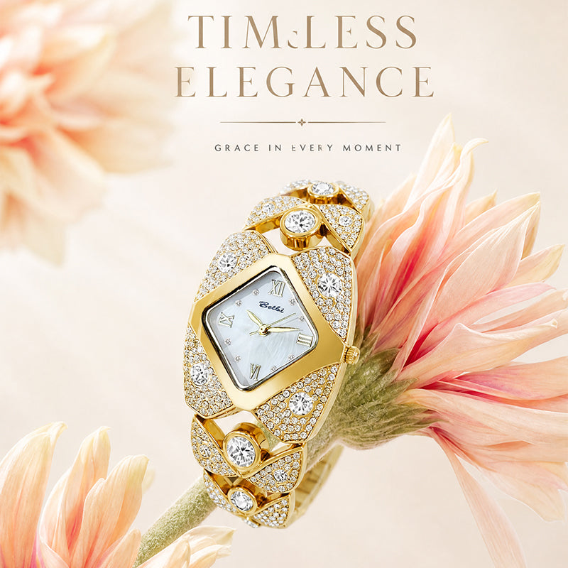 BELBI BL8113 Quartz Watch - Live Edition Women's Luxury Full IPG Gold Crystal Pavé Ornate Shield Case Mother-of-Pearl Dial Jewelry Bracelet Wristwatch