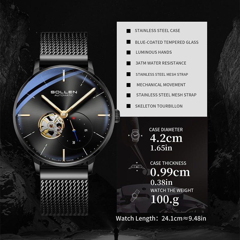 Sollen SL305X Men's Open Heart Automatic Mechanical Watch - 42mm Stainless Steel Case Slim 9.9mm Small Seconds Minimalist Dial Wristwatch