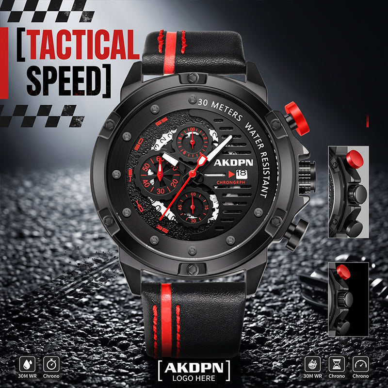 AKOPN AK9016 Live Edition Men's Tactical Watch - Cyberpunk Industrial Design Luminous Hands Date Window Sport Leather Strap Wristwatch