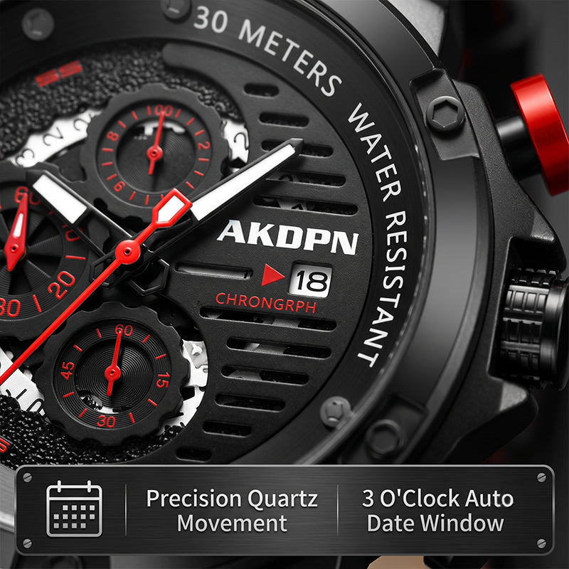 AKOPN AK9016 Live Edition Men's Tactical Watch - Cyberpunk Industrial Design Luminous Hands Date Window Sport Leather Strap Wristwatch