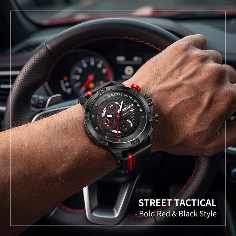AKOPN AK9016 Live Edition Men's Tactical Watch - Cyberpunk Industrial Design Luminous Hands Date Window Sport Leather Strap Wristwatch