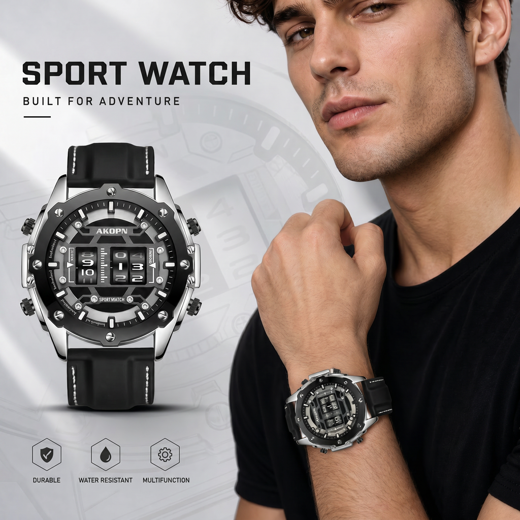 AKOPN AK9033 Quartz Watch - Live Edition Men's Heavy Tactical Armor Case Creative Rolling Roller Cylinder Movement Luminous Accents Sport Silicone Strap Wristwatch