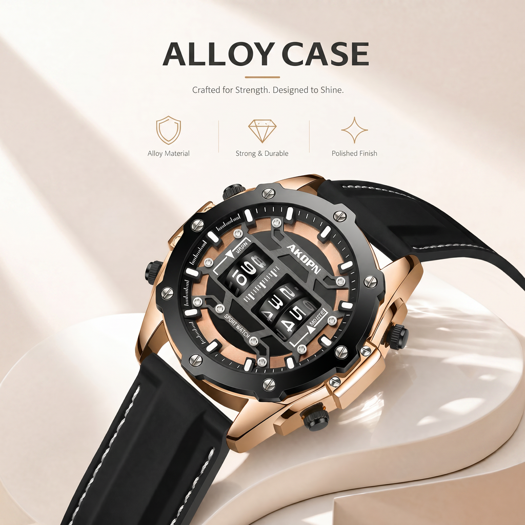 AKOPN AK9033 Quartz Watch - Live Edition Men's Heavy Tactical Armor Case Creative Rolling Roller Cylinder Movement Luminous Accents Sport Silicone Strap Wristwatch